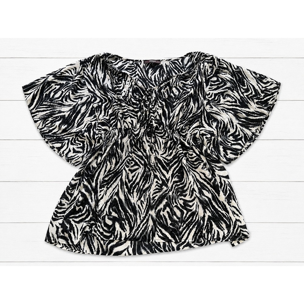 Belissimo New York Zebra Print Flutter Sleeve Peplum Top Black White Plus 1X